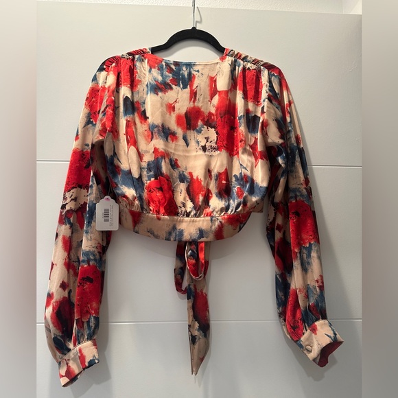 ACOA red & tan holiday dinner date cropped tie long sleeve blouse sexy NWT M - Picture 14 of 15